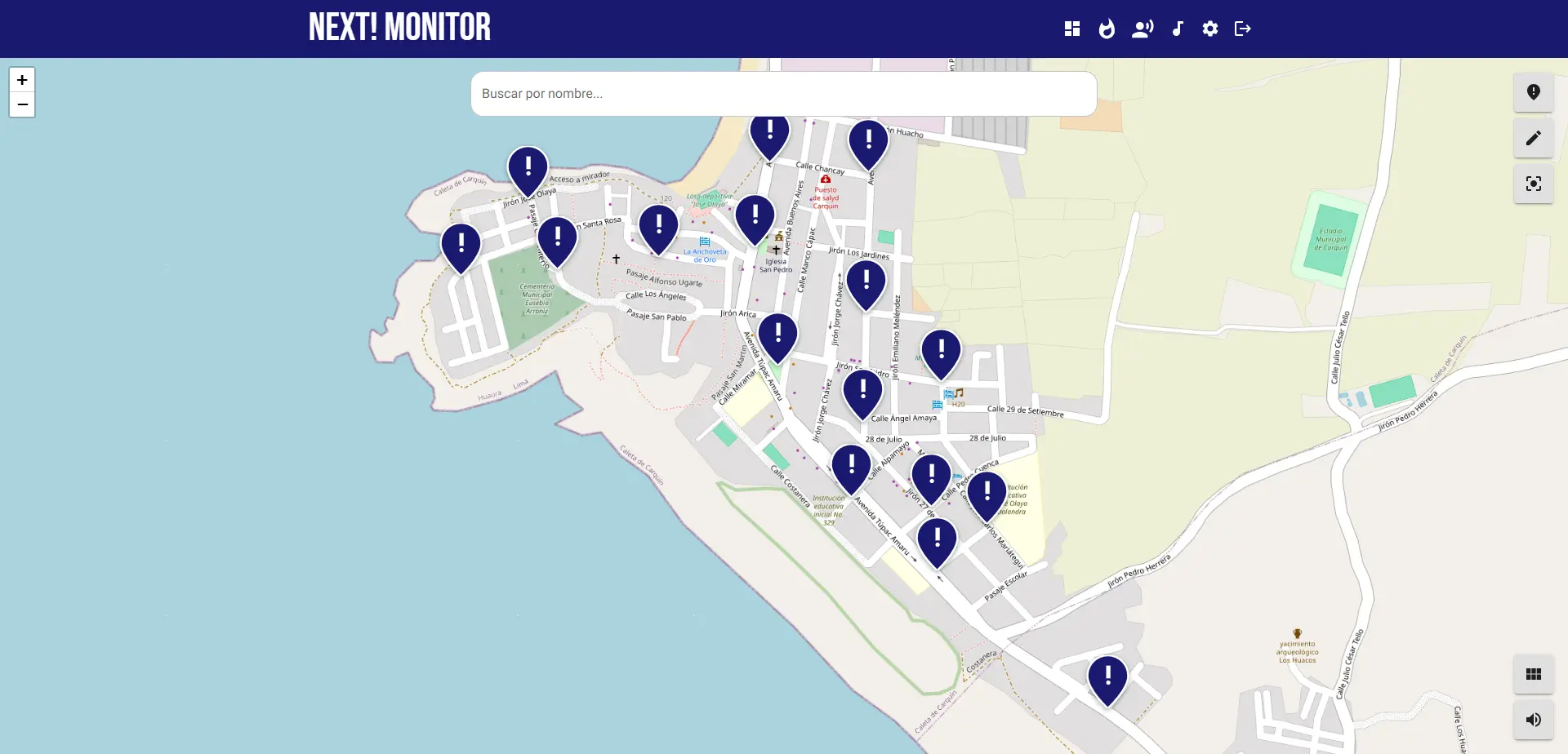 Dashboard modo mapa sin alertas activas del sistema de monitoreo para tótems de emergencias