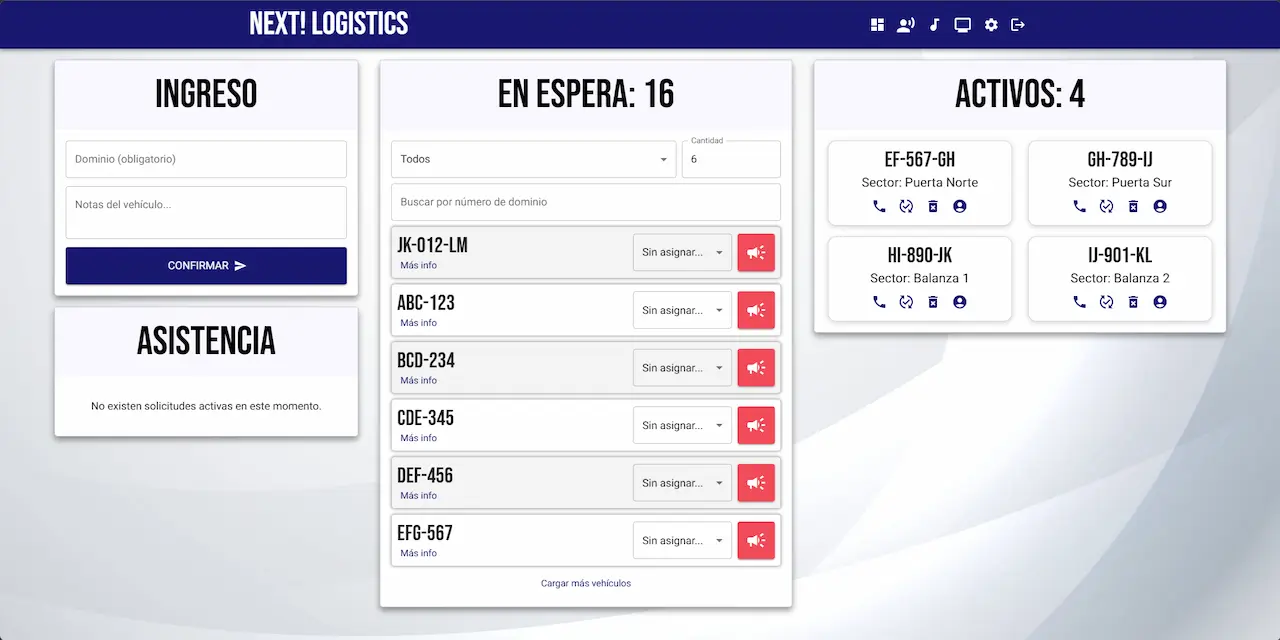 Dashboard del sistema de perifoneo de vehículos para playas de camiones.