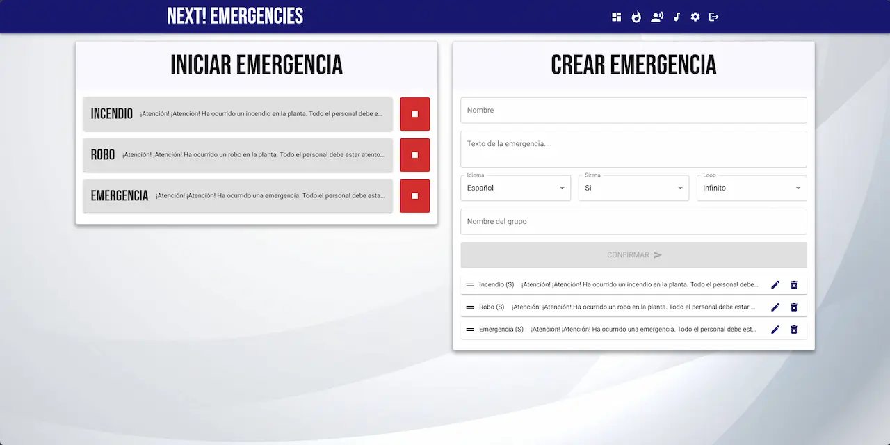 Pantalla de configuración del sistema de audio para emergencias y evacuación