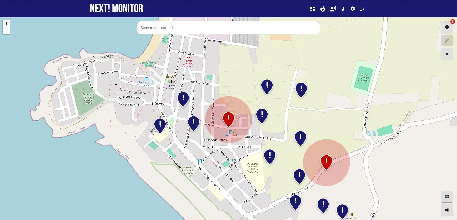 Dashboard modo mapa con alertas activas del sistema de monitoreo para tótems de emergencias