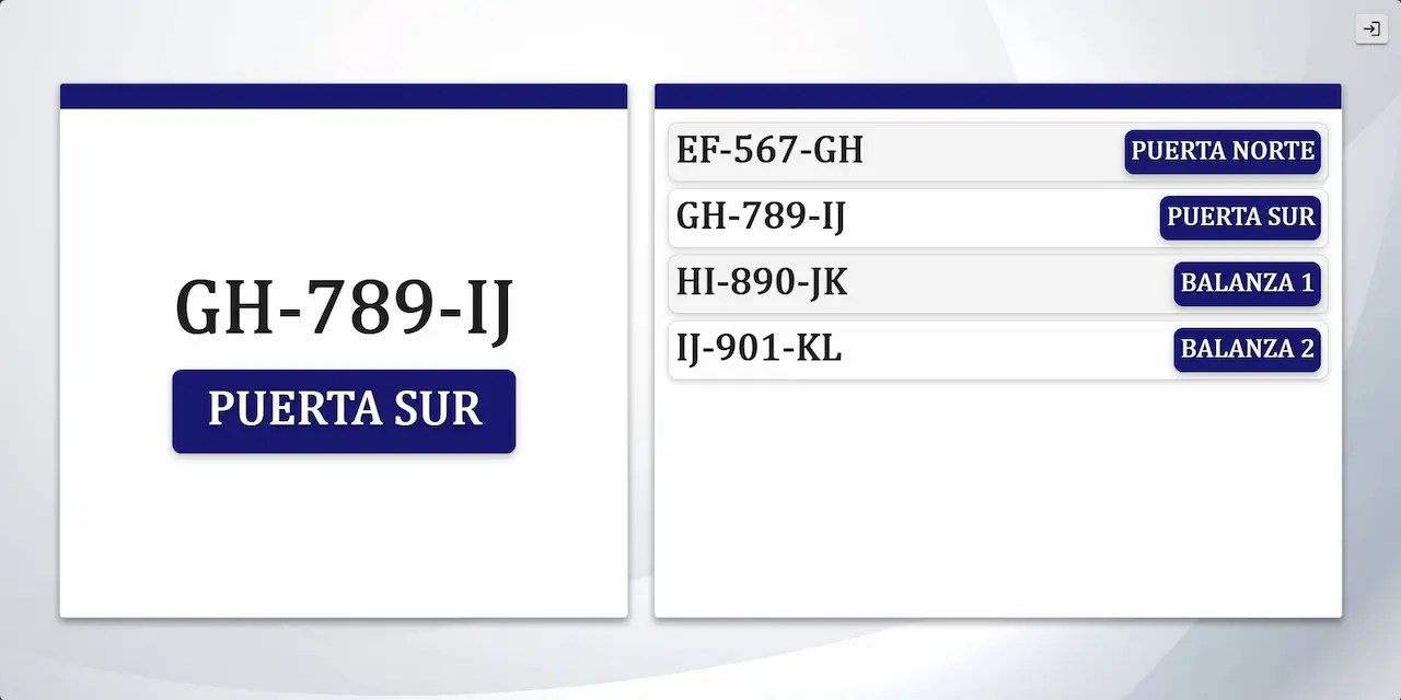 Pantalla tipo turnero del sistema de perifoneo de vehículos para playas de camiones.