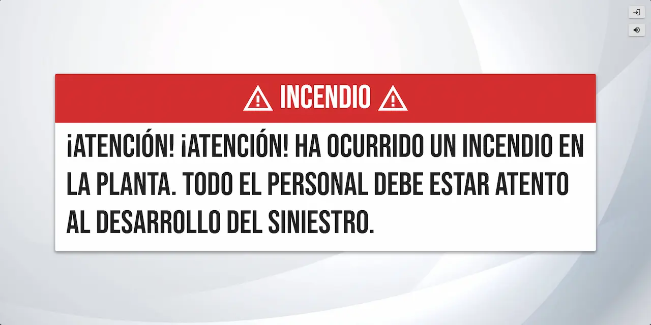 Pantalla de alertas del sistema de audio para emergencias y evacuación
