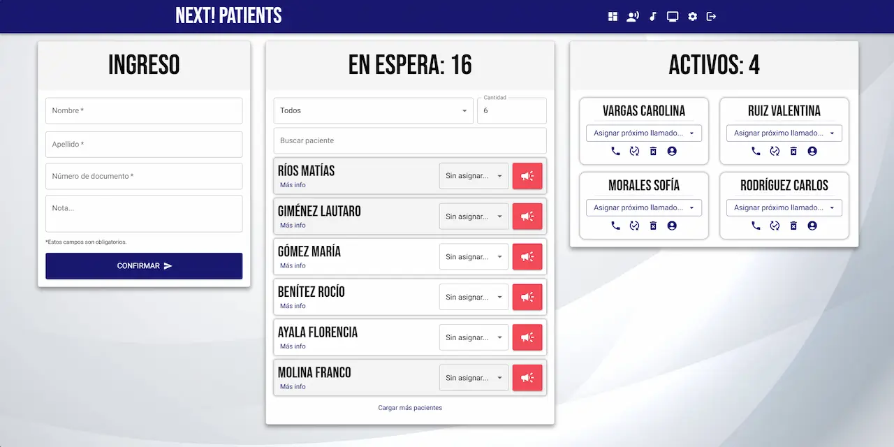Dashboard del llamador de pacientes para salas de espera Dashboard del llamador de pacientes para salas de espera